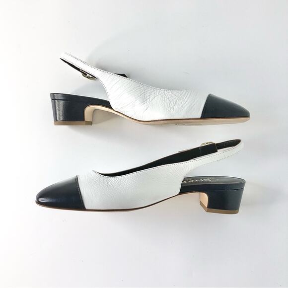 NEW Chanel Calfskin CC Logo Cap Toe White Dark Navy Slingback Low Heel Pumps 36 - Picture 8 of 11